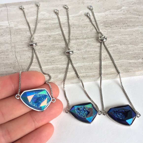 Blue druzy geode adjustable chain bracelet, Silver - Picture 2 of 7